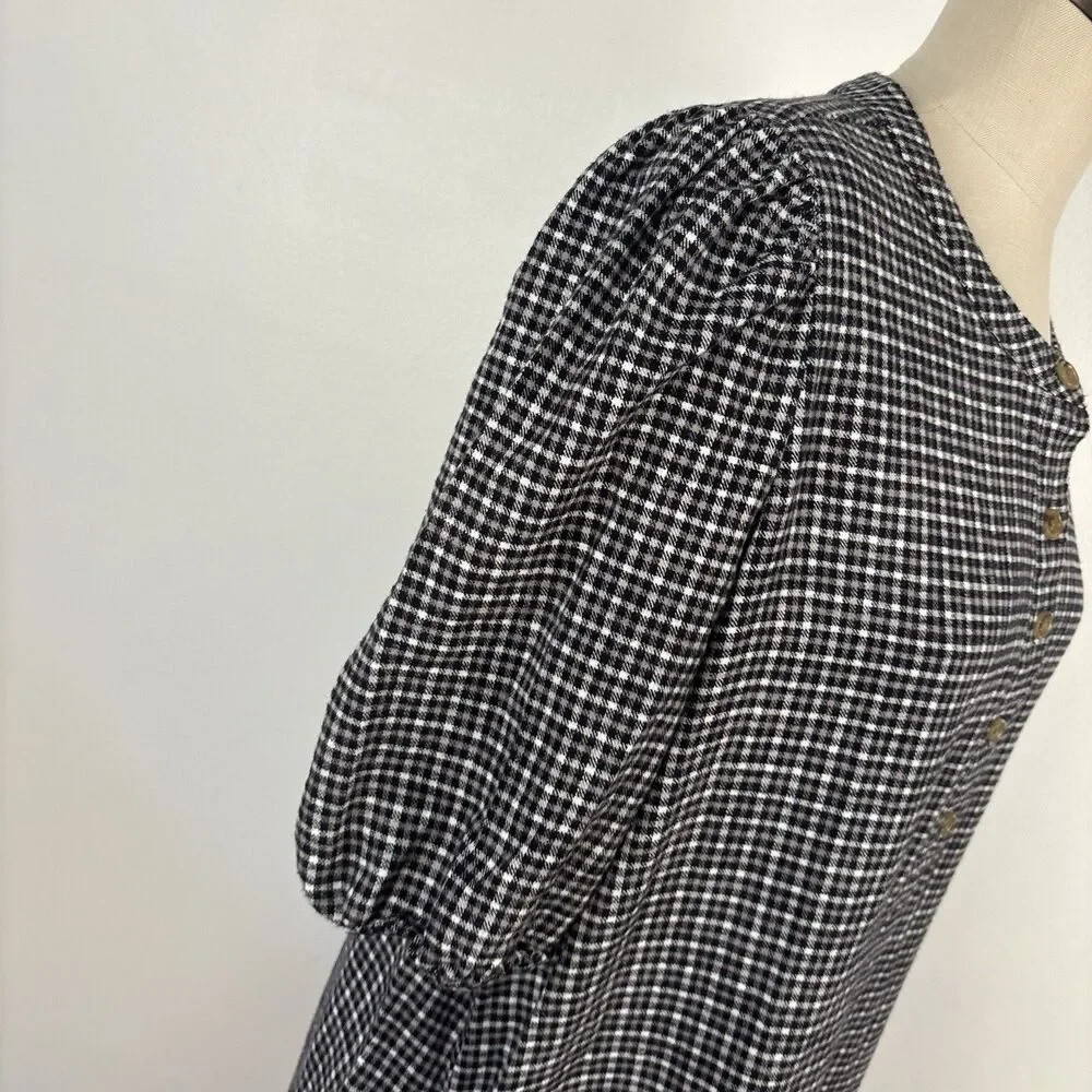 J Crew Popover Dress Brushed Flannel Black Gray Check Pockets Women’s XL BB524